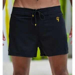 Tucann Mens Black Swim Trunks Board Shorts Gold Logo Size L NWT